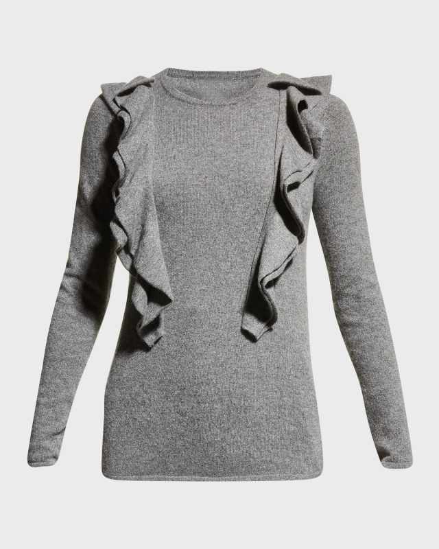 Crewneck Ruffle-Trim Cashmere Sweater